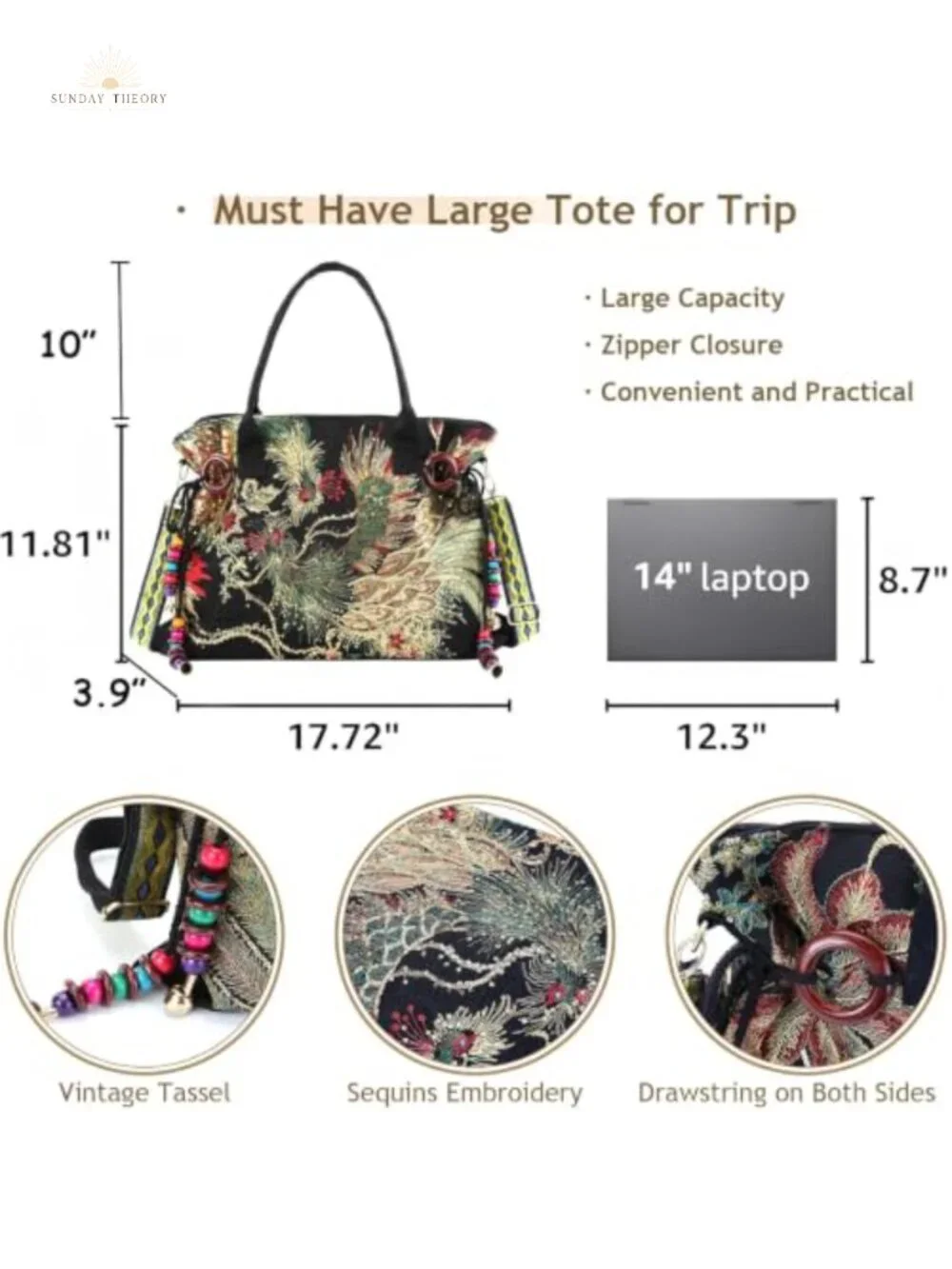 Embroidered Canvas Tote Bag Crossbody Purse Phoenix Sequin Design Roomy
